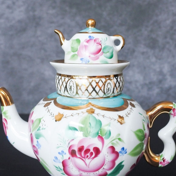 Vintage Lomonosov Imperial Russian Porcelain Light Day Pink Blue Floral Teapot - Picture 5 of 8
